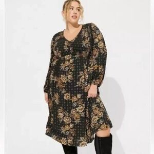 Torrid Black Gold Floral Smocked V-Neck Long Sleeve Boho Midi Dress Size 2XL EUC